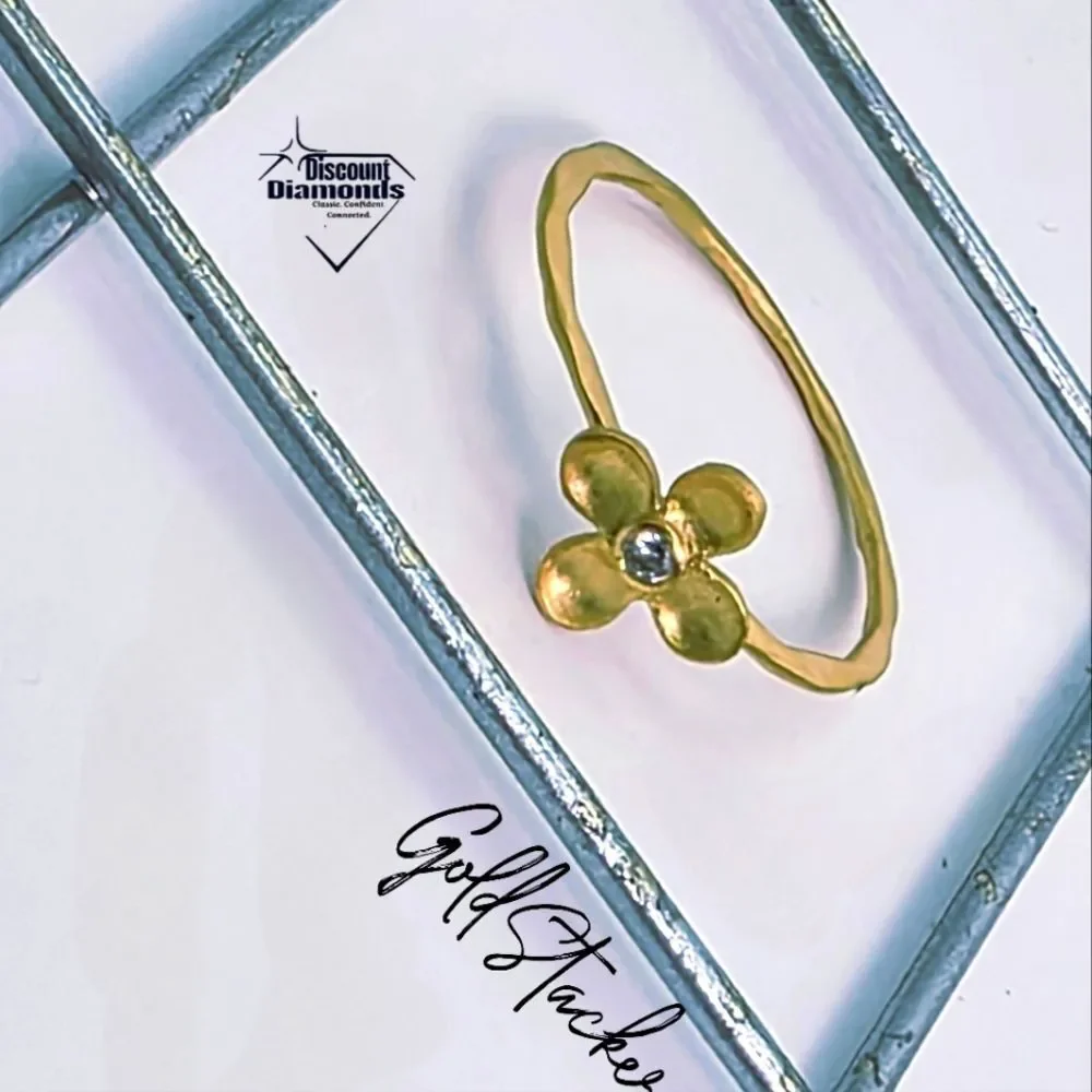 Four Petal Flower Gold Stacker Ring with Natural White Topaz Stone on 18K Gold